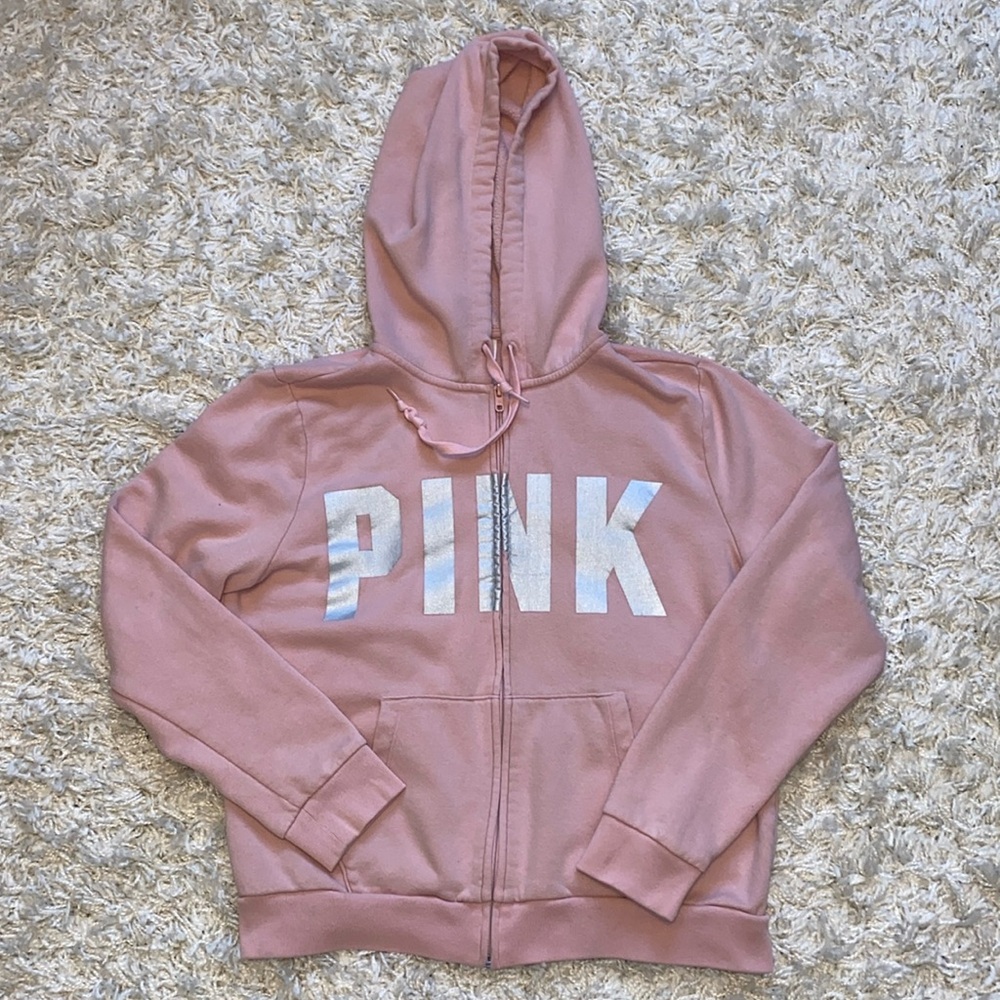 Victoria’s Secret PINK Dusty Rose/Light Pink w/ Silver Writing Full-zip Hoodie. - Picture 3 of 6